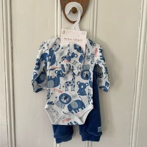Mon Cheri Blue Animal Print 3-Piece Baby Outfit